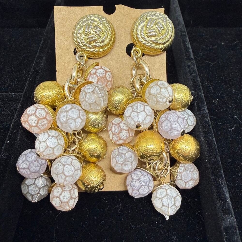 VINTAGE Gold Tone Bead Cluster Clip On Earrings Statement Dangle Costume Jewelry